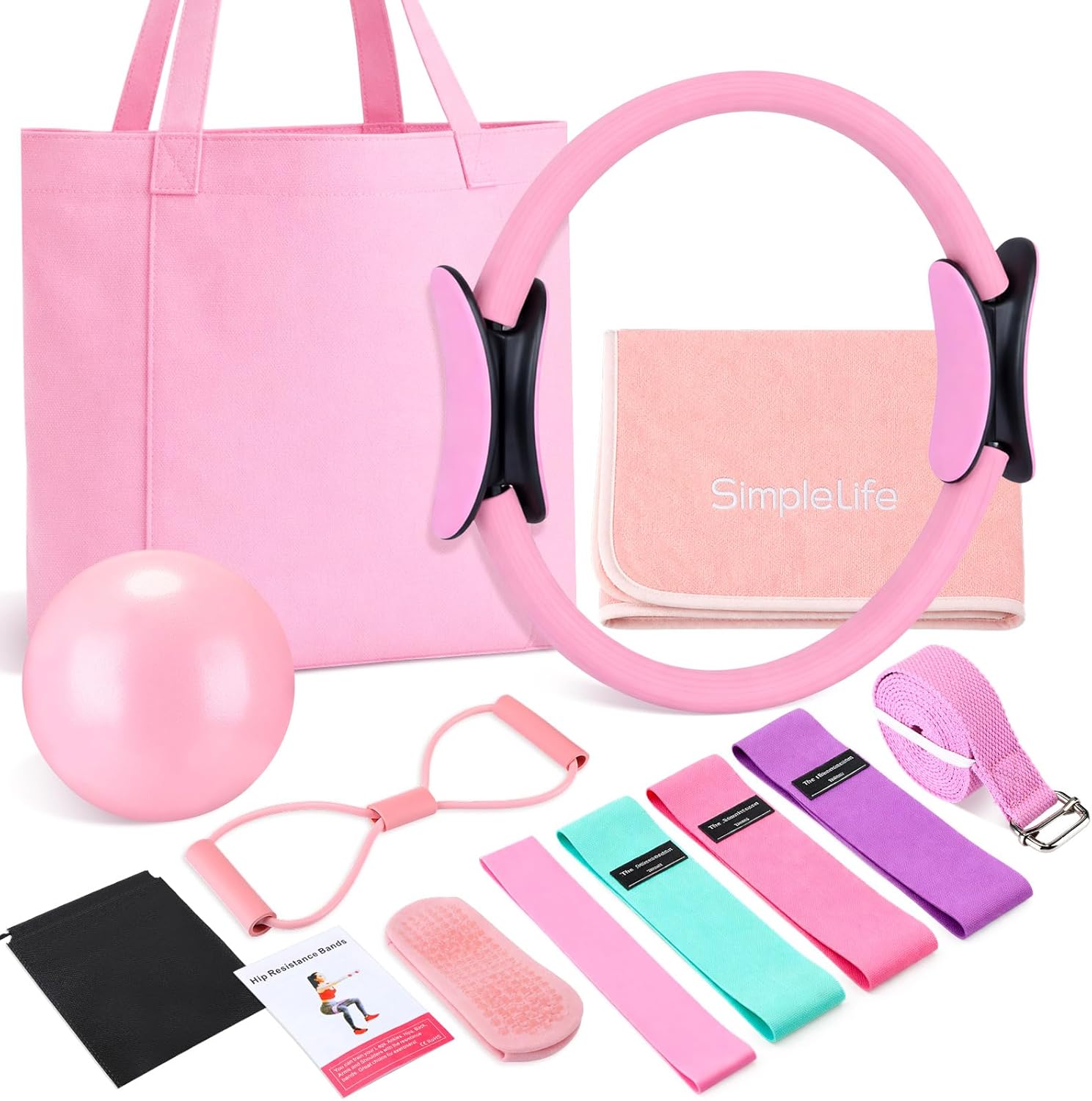 Home Gym Essentials - 11 Pcs Pink Yoga Accessories Set